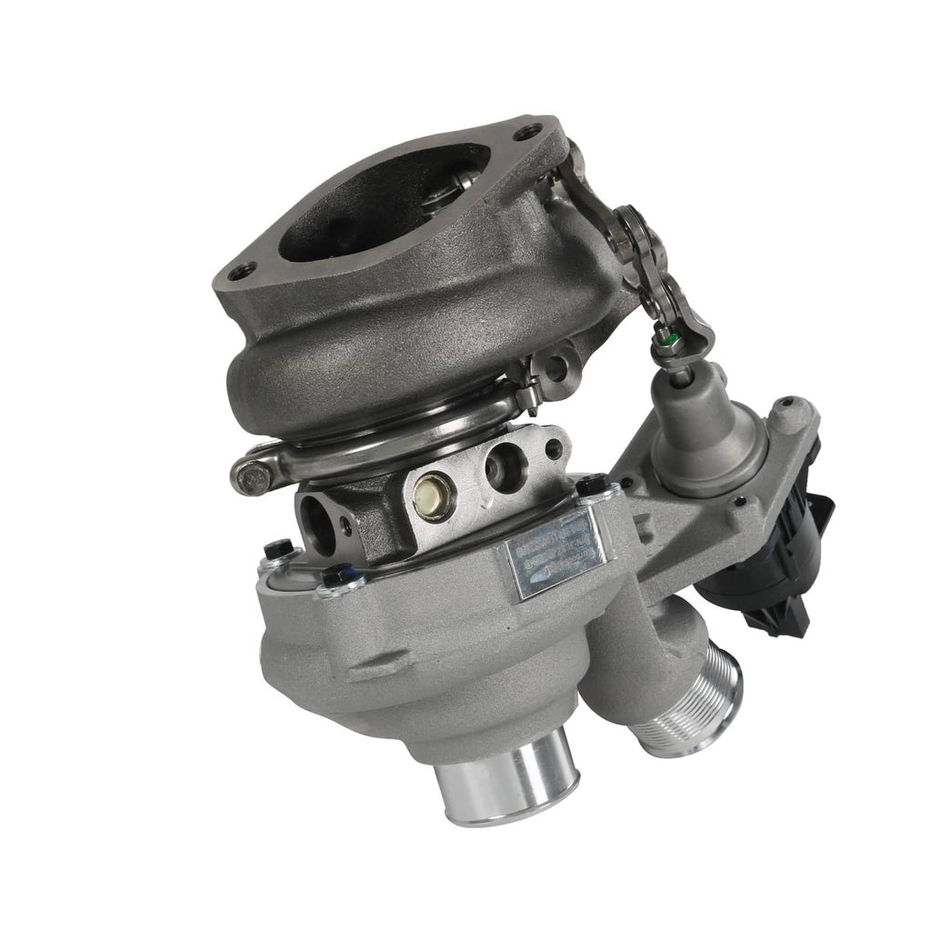 Right-side turbocharger assembly with cast housing, outlet pipe, and mounting flange