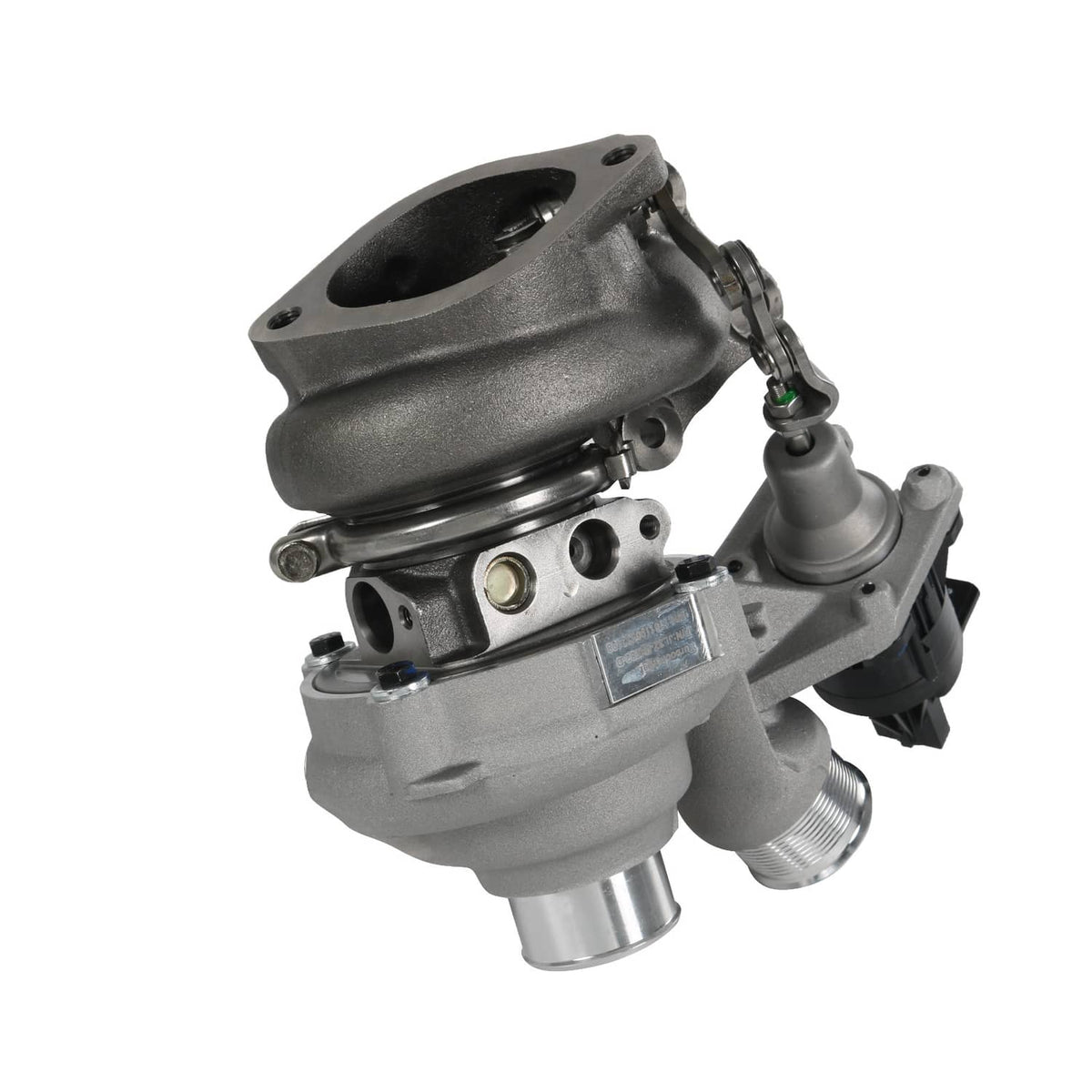 Right-side turbocharger assembly with cast housing, outlet pipe, and mounting flange