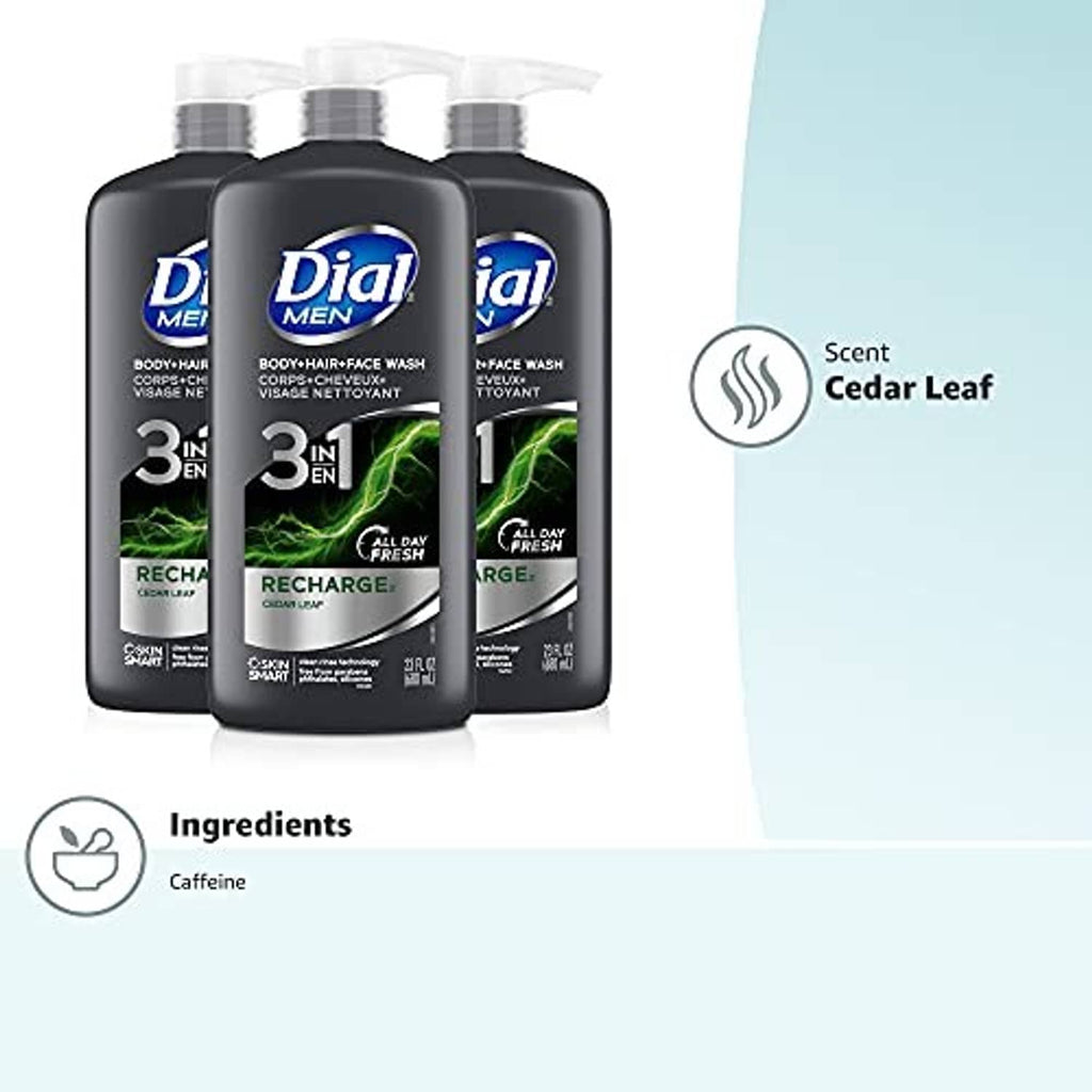 Dial men's 3-in-1 recharge body, hair & face wash bottles, Cedar Leaf scent