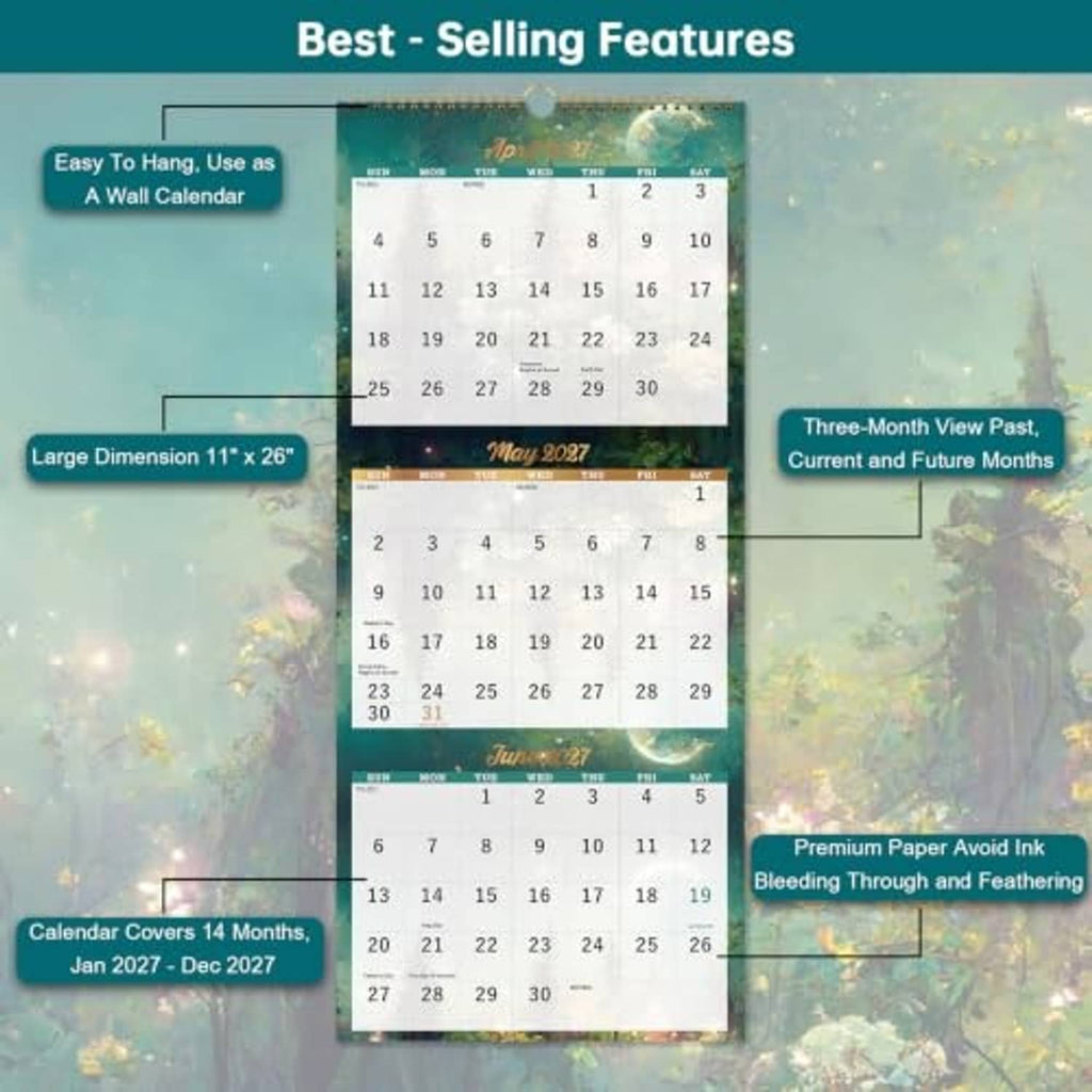 Starry three-month wall calendar with month panels and top hanging hole