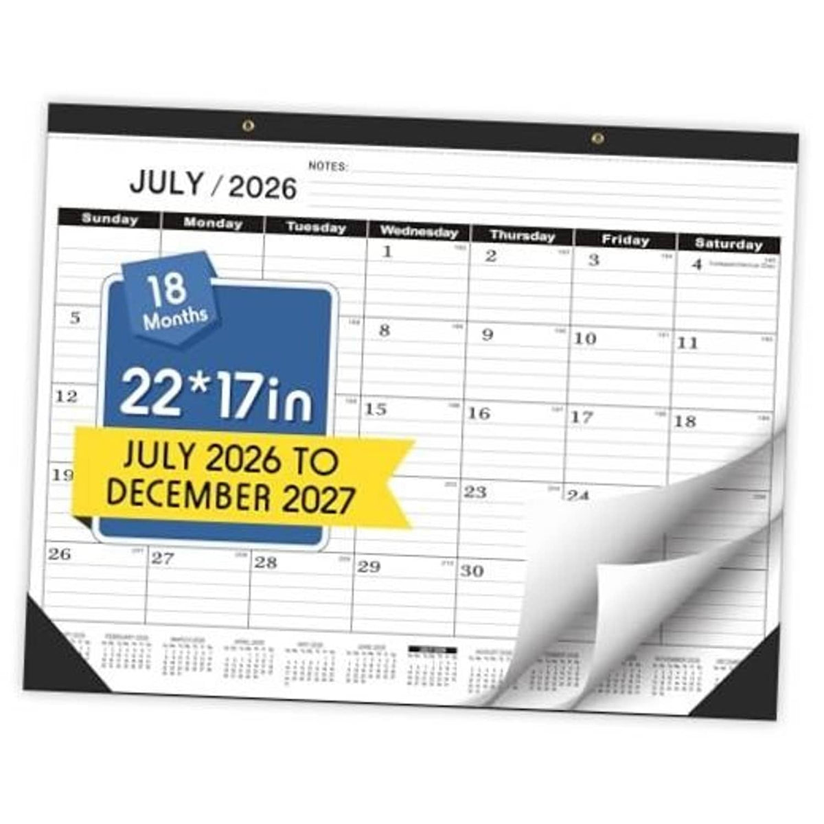 Desk calendar with monthly grid for July 2026 to December 2027, black top bar and note lines