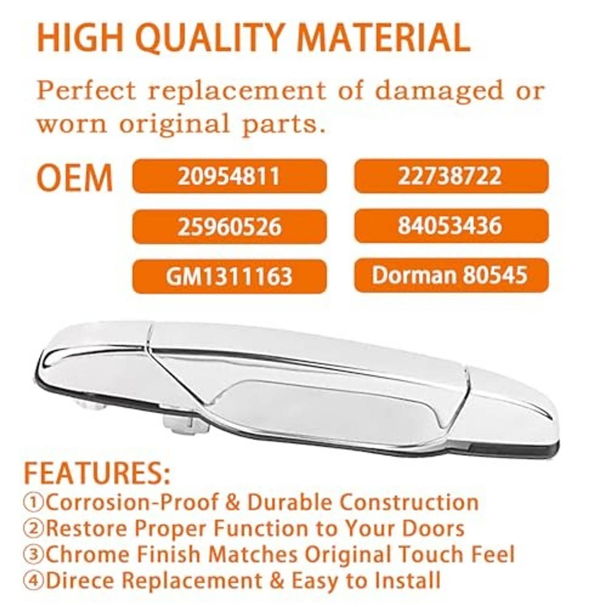 Exterior chrome door handle with OEM part number graphic and side profile.