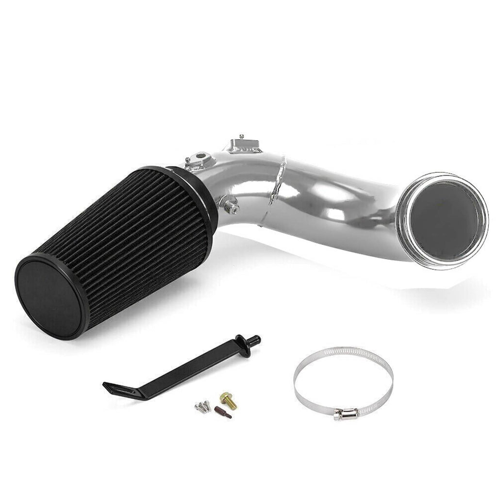 Air intake tube with black filter and polished inlet, plus strap, clamp, and hardware