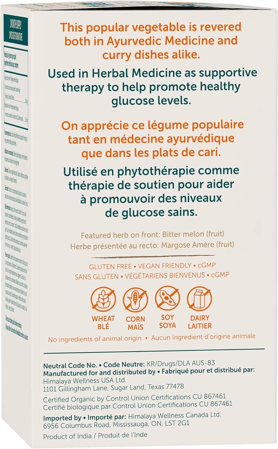 Organic bitter melon herbal supplement box back panel with ingredient and allergen icons