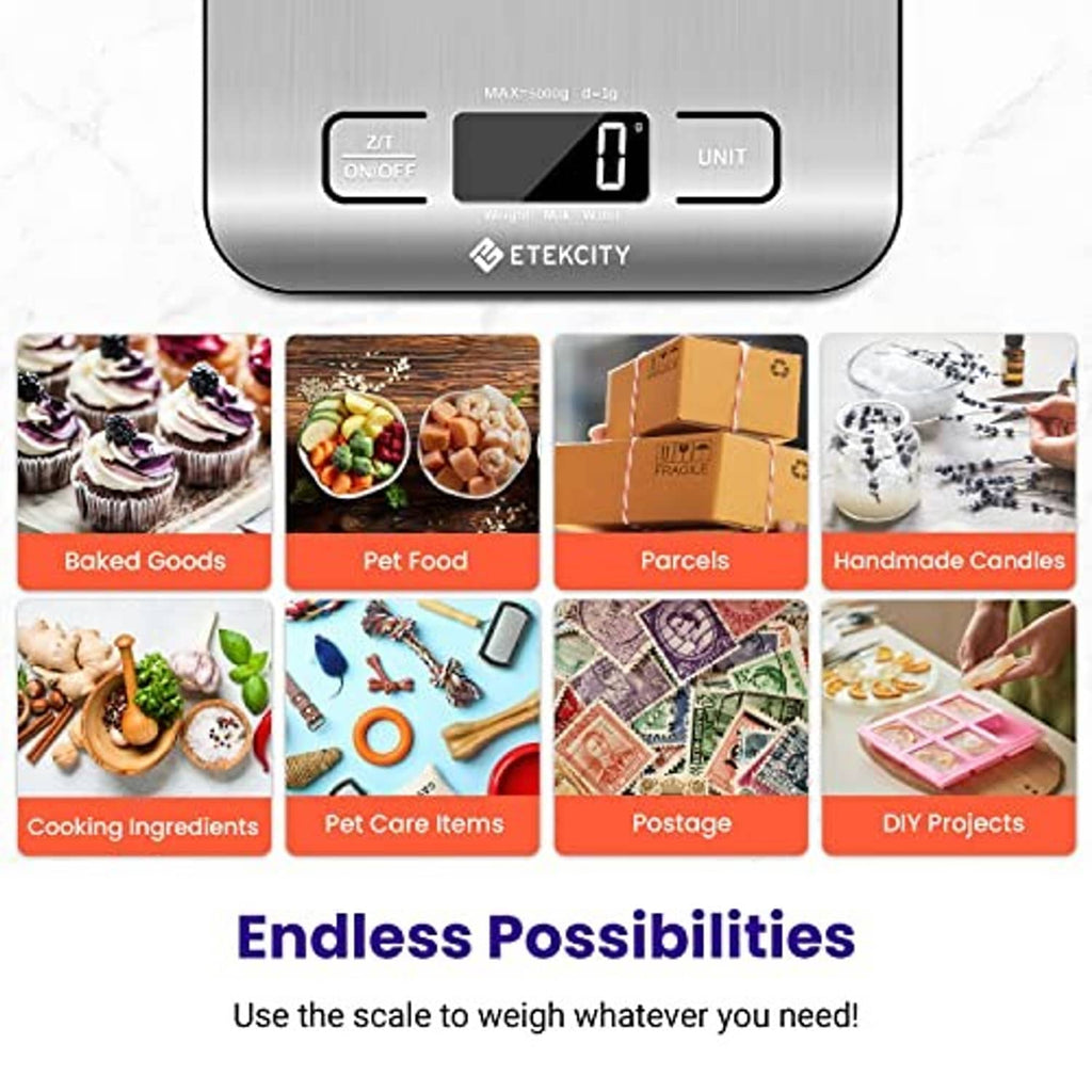 Digital kitchen scale with LCD display and assorted food-item icons below
