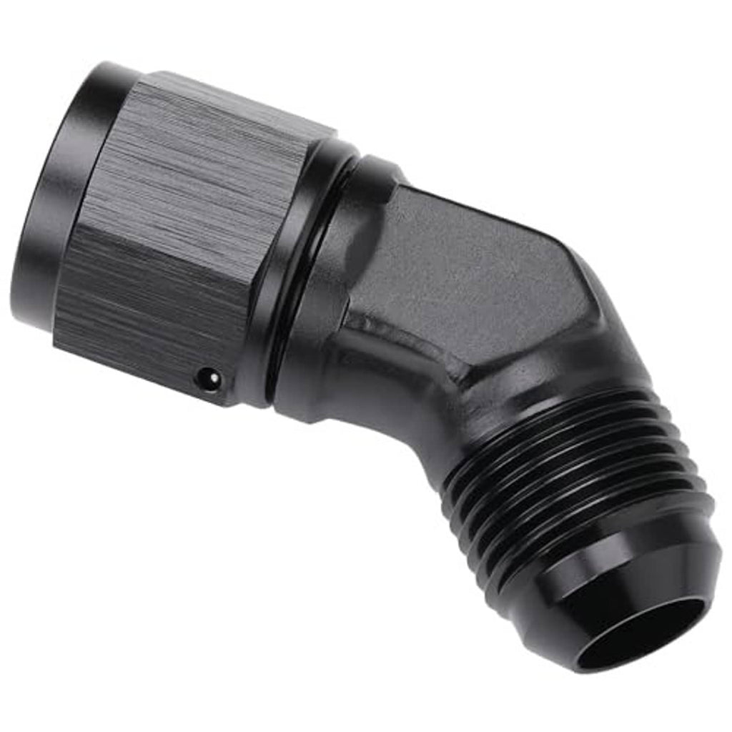 Black 45-degree AN flare elbow swivel fitting, 10AN, close view of coupler and threads