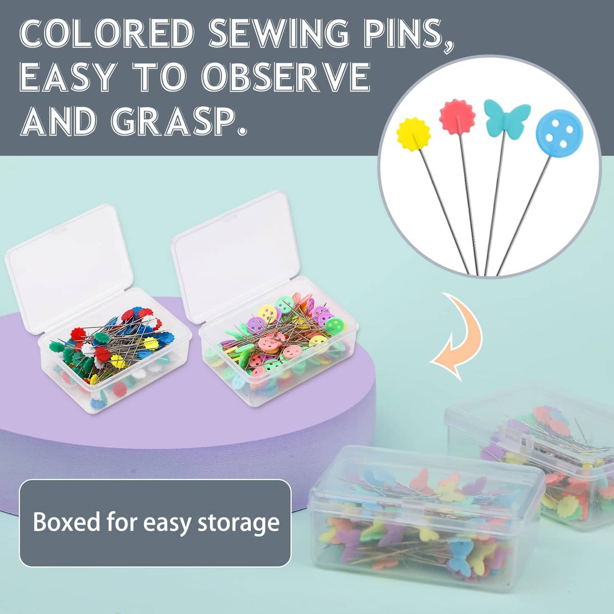 Colorful decorative flat head straight pins with flower, butterfly, and button heads