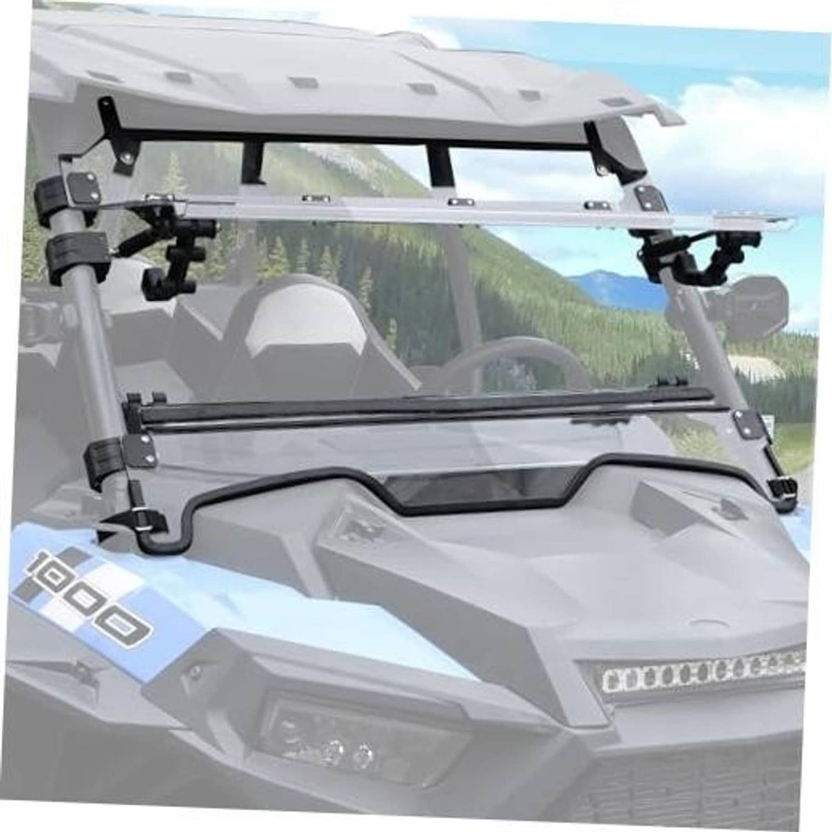 Flip-up windshield with black mounting brackets for Polaris RZR XP/XP4