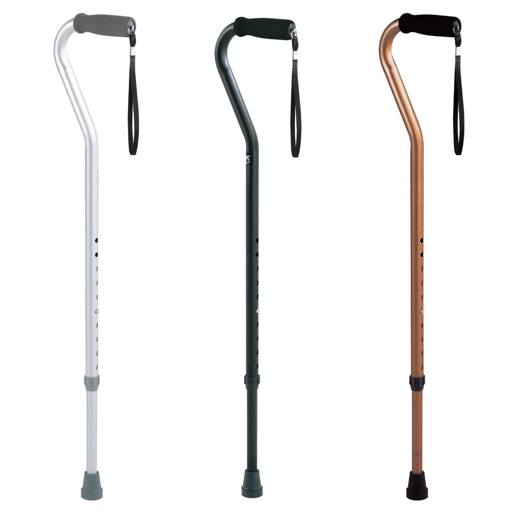 Set of offset canes in silver, black, and bronze with cushioned grips and wrist straps