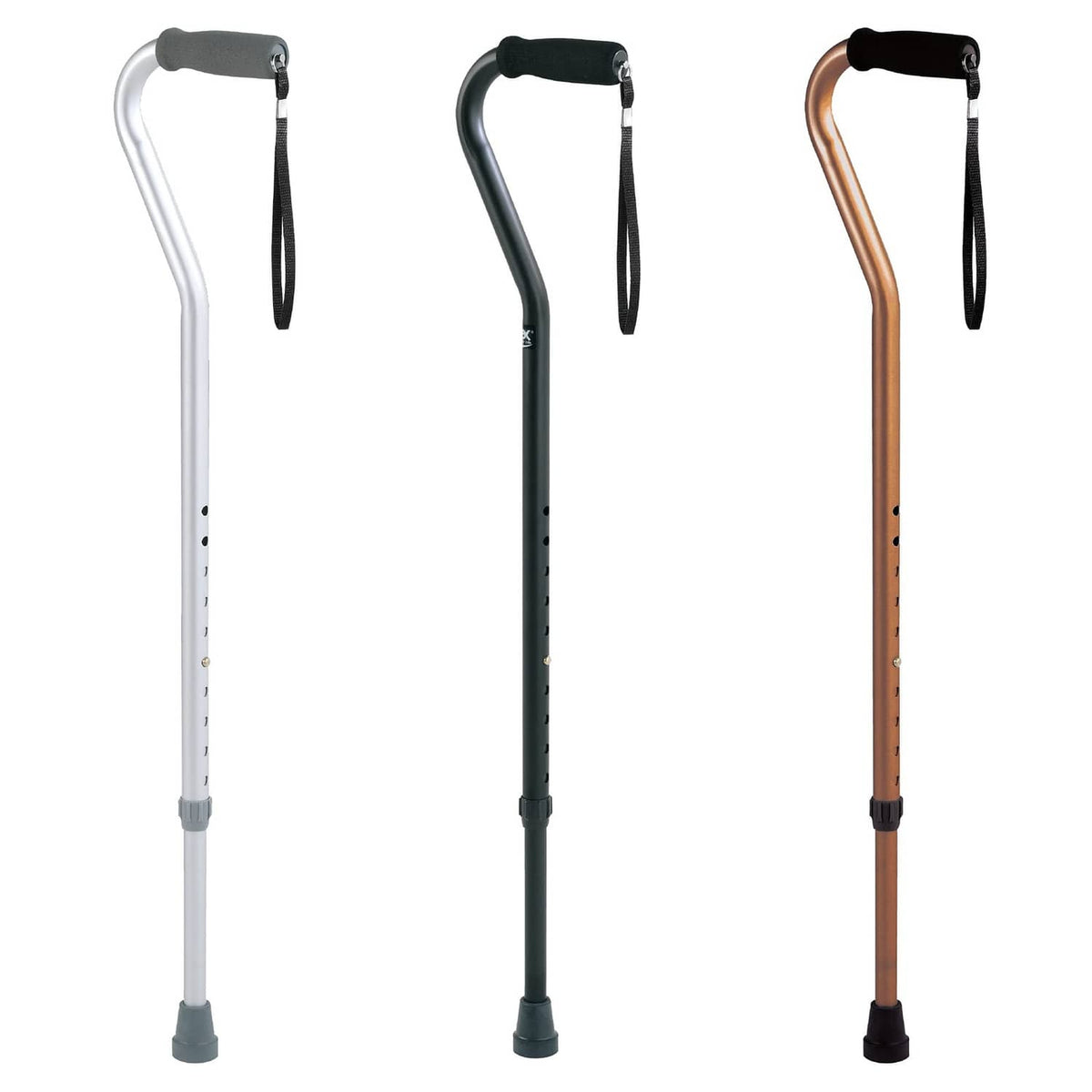 Set of offset canes in silver, black, and bronze with cushioned grips and wrist straps