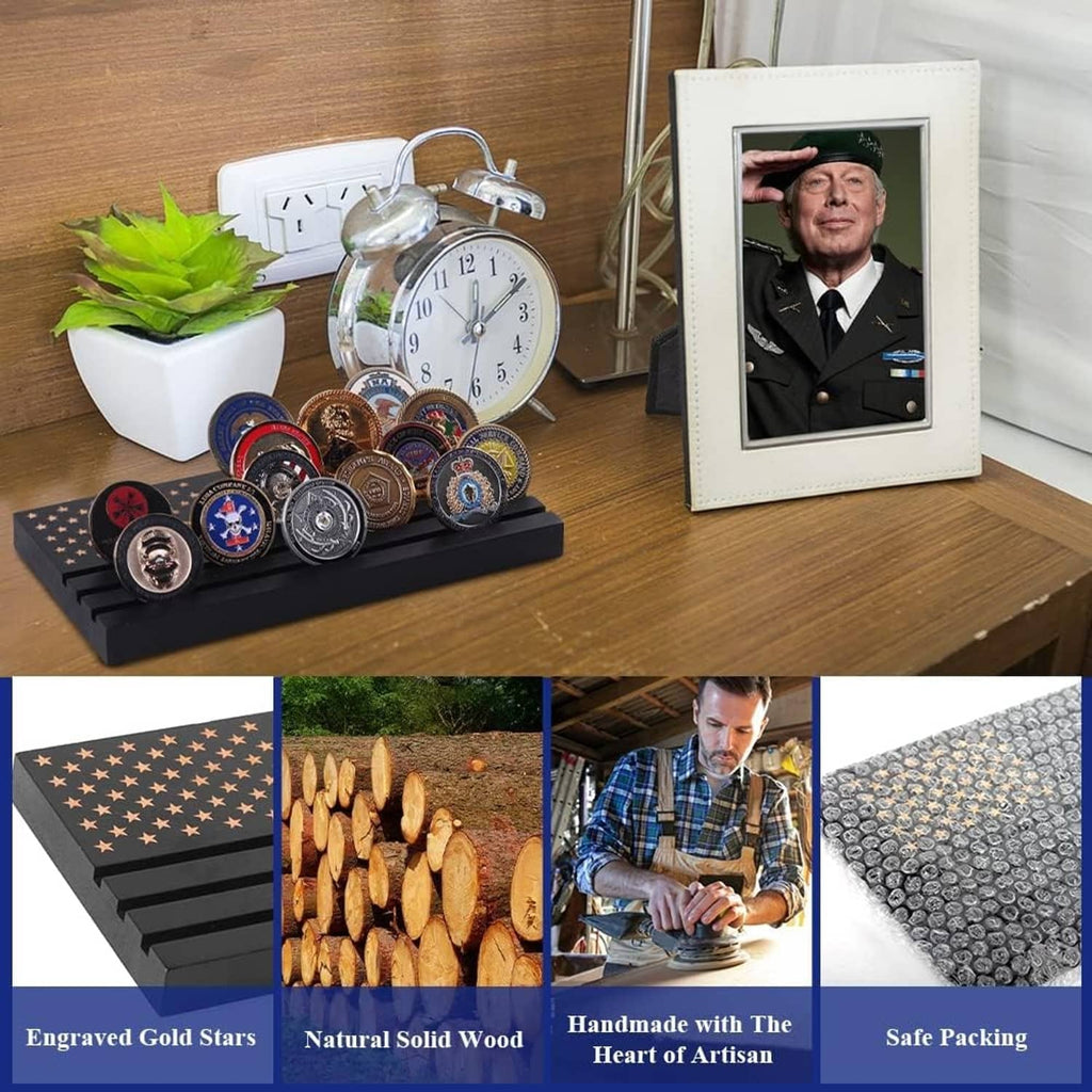 Black coin display stand with multiple challenge coins on office desk