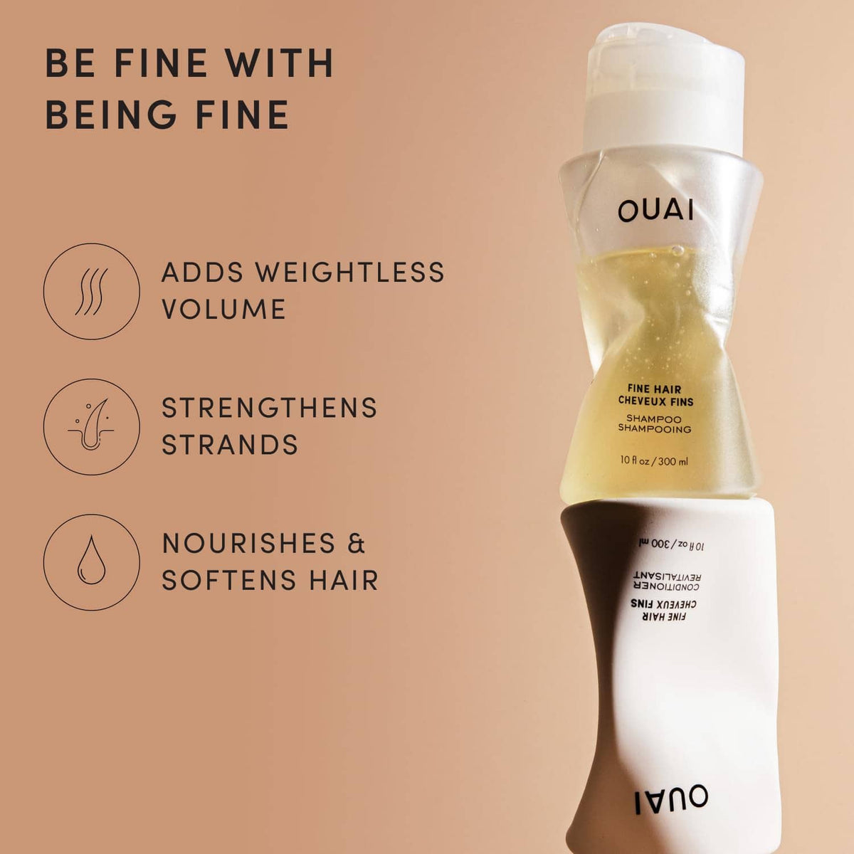 Fine hair shampoo and conditioner set featuring two OUAI bottles, gold and white.