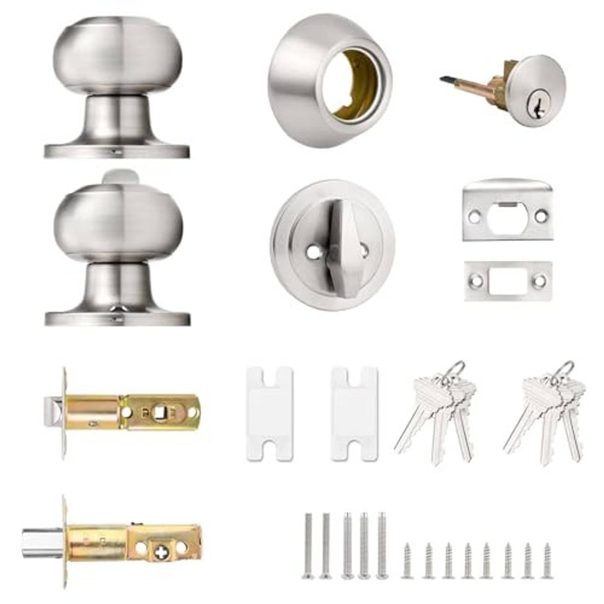 Brushed nickel door knob and deadbolt hardware set with keys and screws
