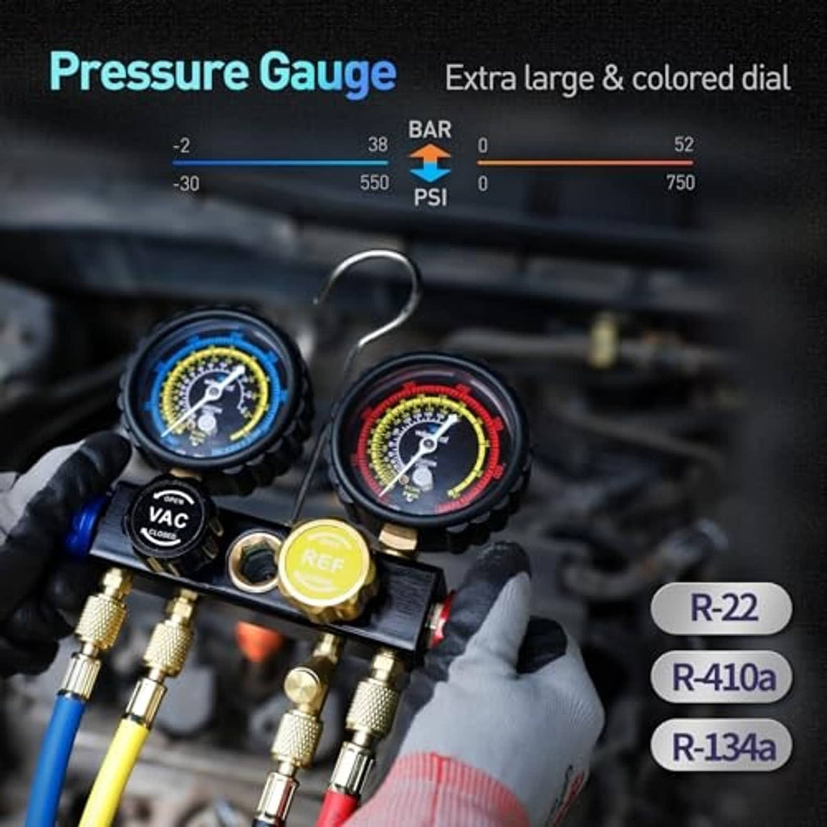 Automotive pressure gauge manifold with VAC and REF dials, colored hoses, and brass connectors