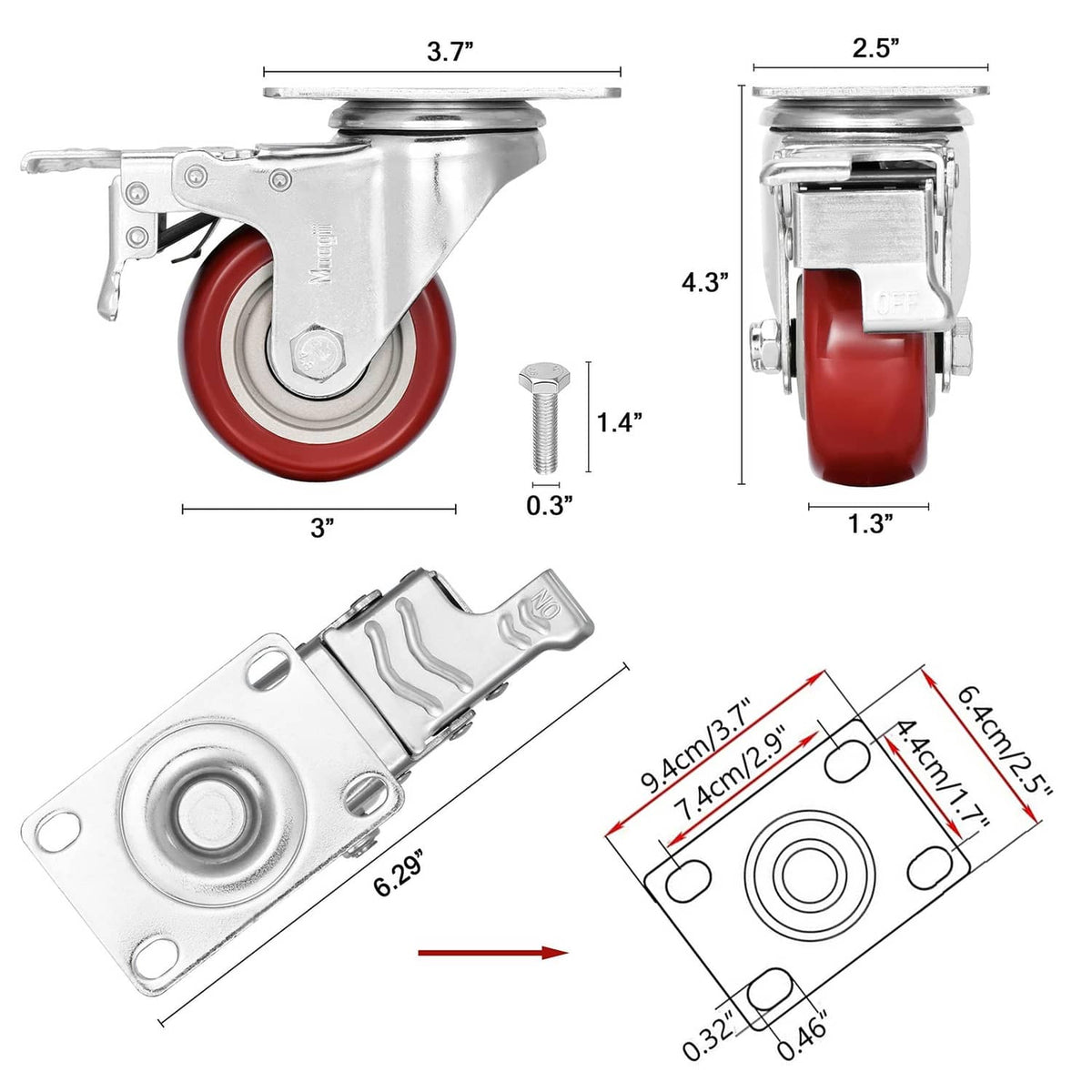 3-inch caster dimensions diagram with red wheel and steel side plate