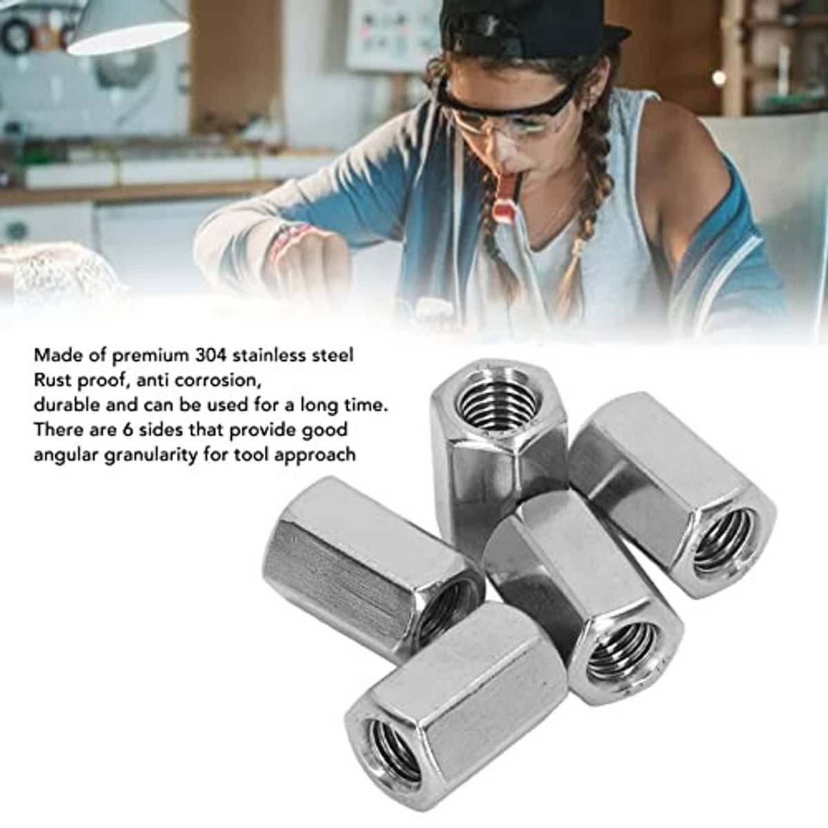 Stainless steel hex coupling nuts with multiple threaded ends, polished silver finish