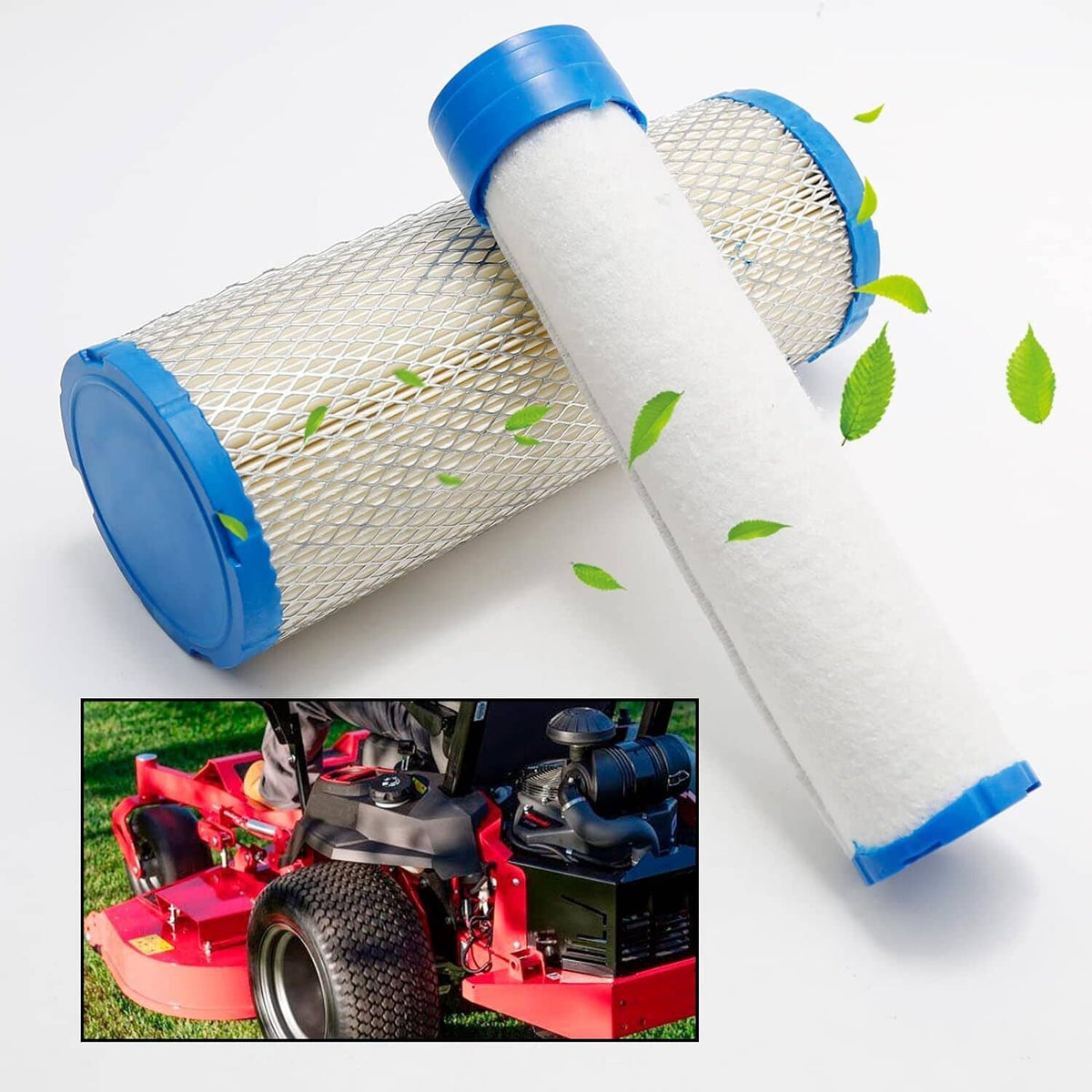 Air filter cartridge with blue end caps alongside oil and fuel filter components.