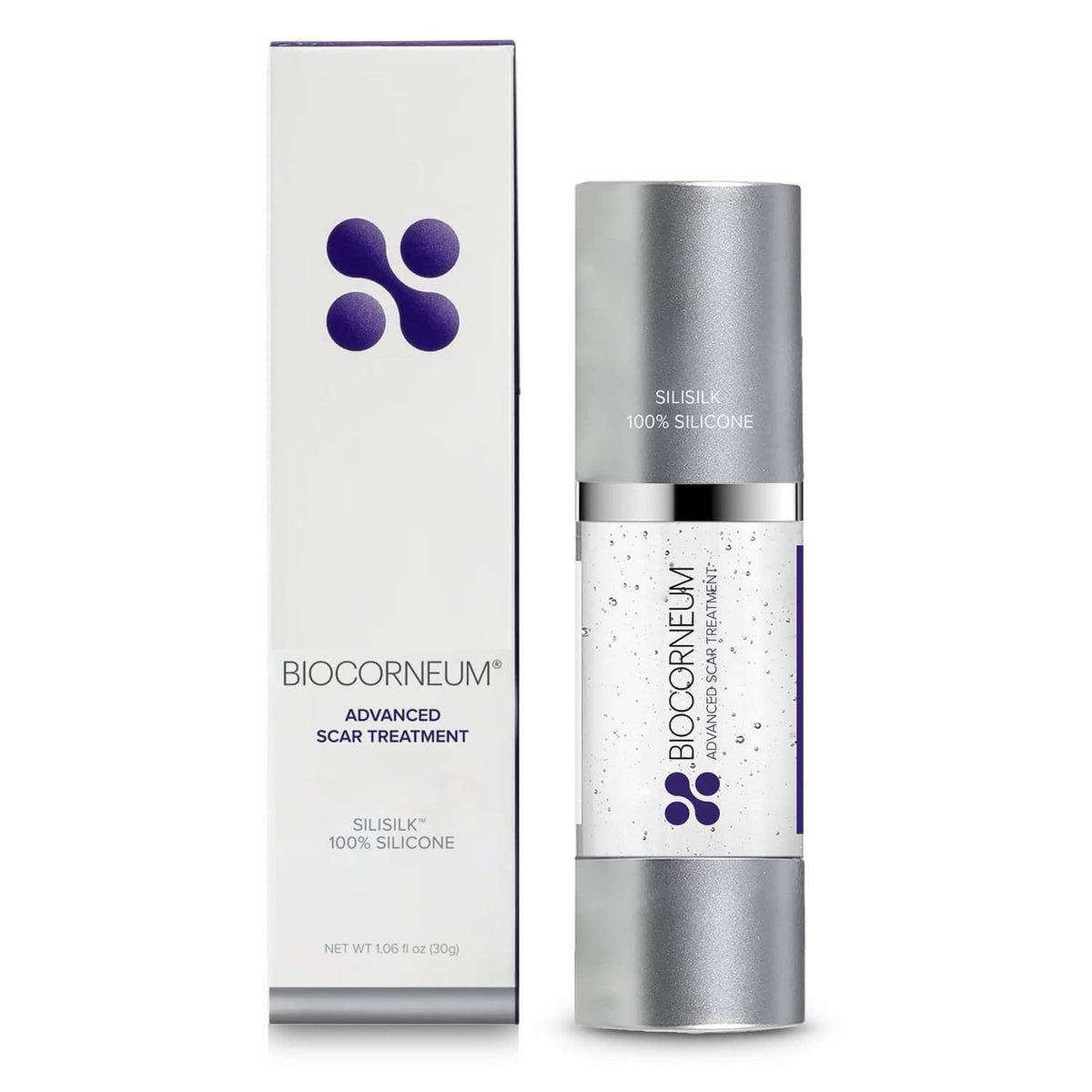 Biocorneum Silisilk 100% silicone scar gel in silver bottle with product box