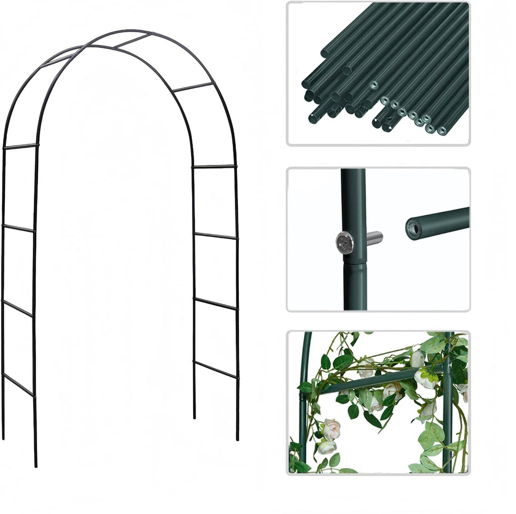 Black steel garden arch trellis frame with connectors and green stakes parts