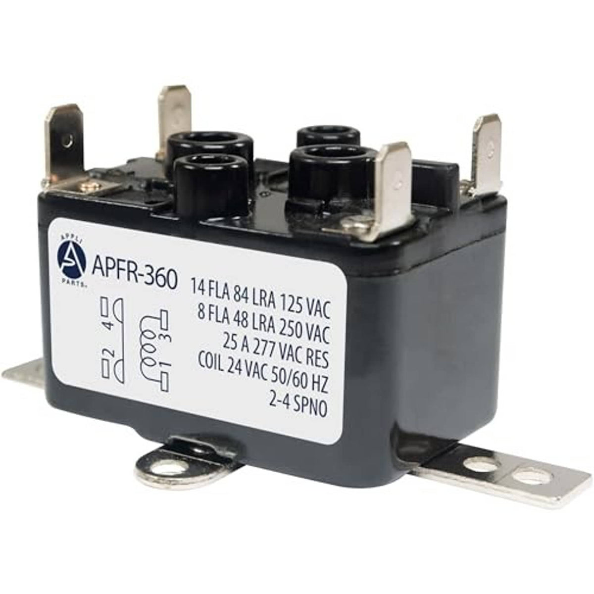 Heavy-duty fan relay with 24 VAC coil, SPST contacts, side terminals and mounting tabs