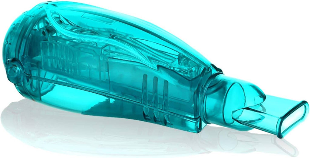 Turquoise flutter valve breathing device, transparent cylinder with outlet tube