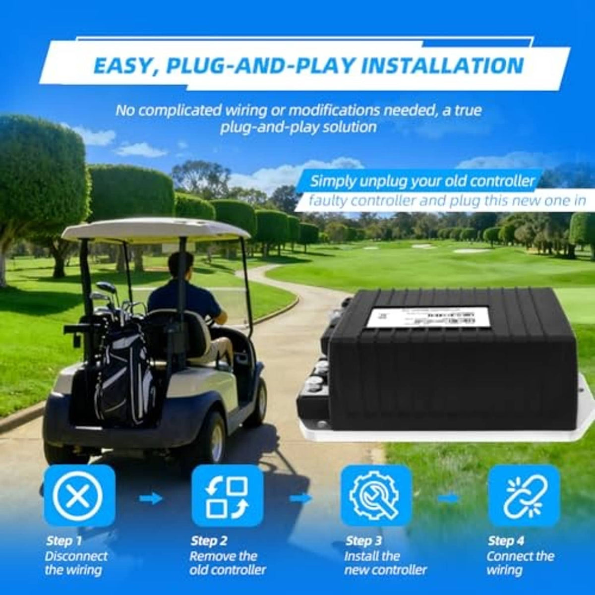 Black motor controller with ribbed heat-sink top and front label, standing on grass.