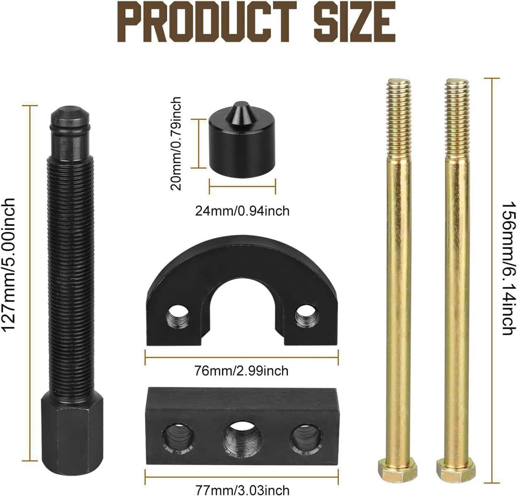 Bearing race puller tool components: black bracket, curved insert, and gold threaded rods