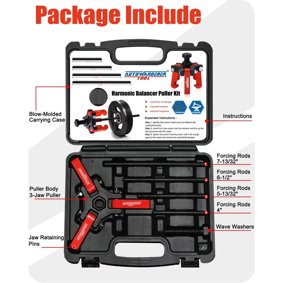 Contents of harmonic balancer puller kit in molded case with labeled parts