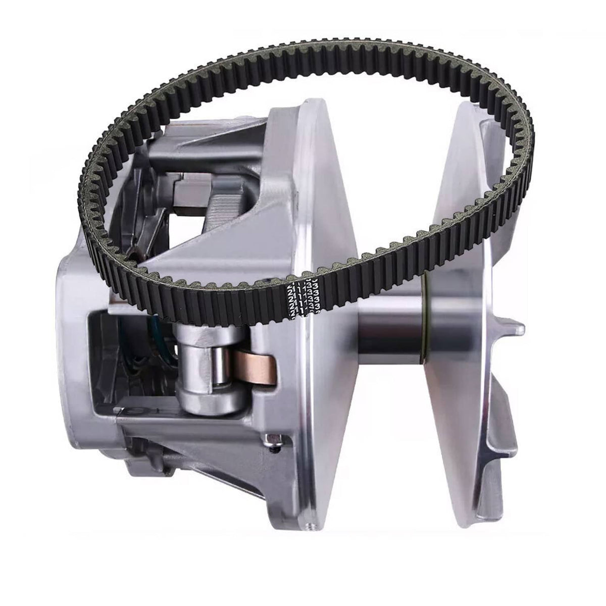 Clutch drive assembly with toothed belt loop and exposed pulley components