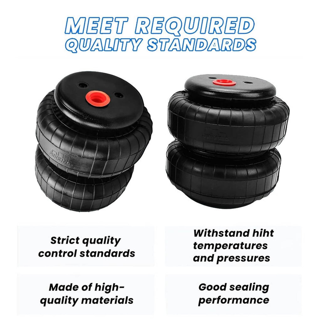 Two black stacked air suspension bags with red valve caps on round mounting plates