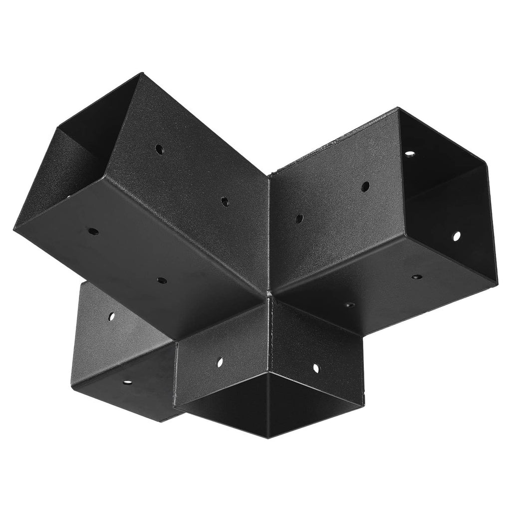 Four-way slanted pergola bracket connector, black steel cross shape with predrilled holes