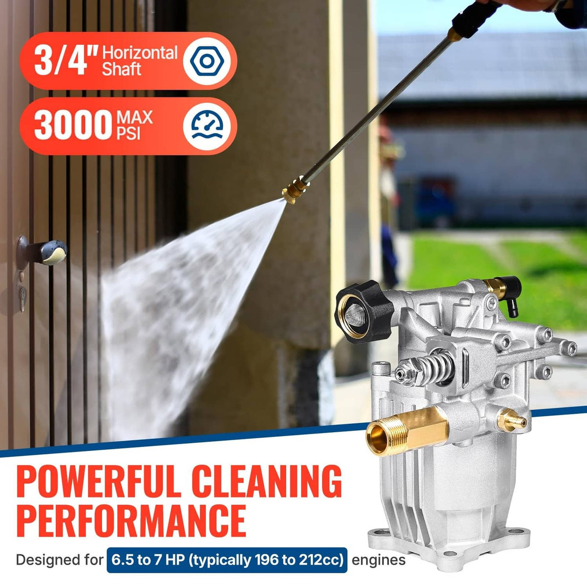 Silver horizontal 3/4 in shaft pressure washer pump spraying water from brass outlet