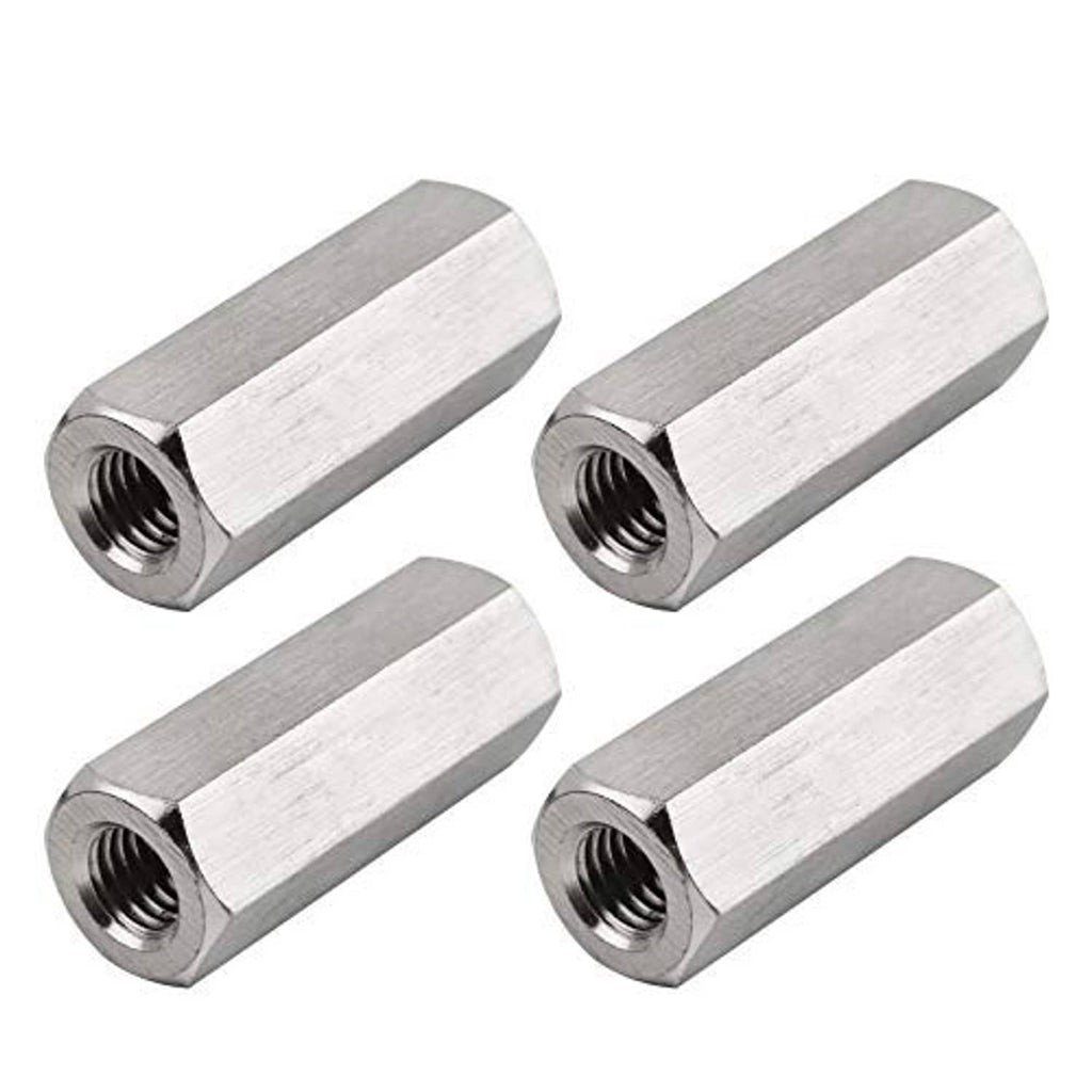 Four-pack M10 x 1.5 threaded hex coupling nut sleeves, silver metal, 30mm length, hex ends