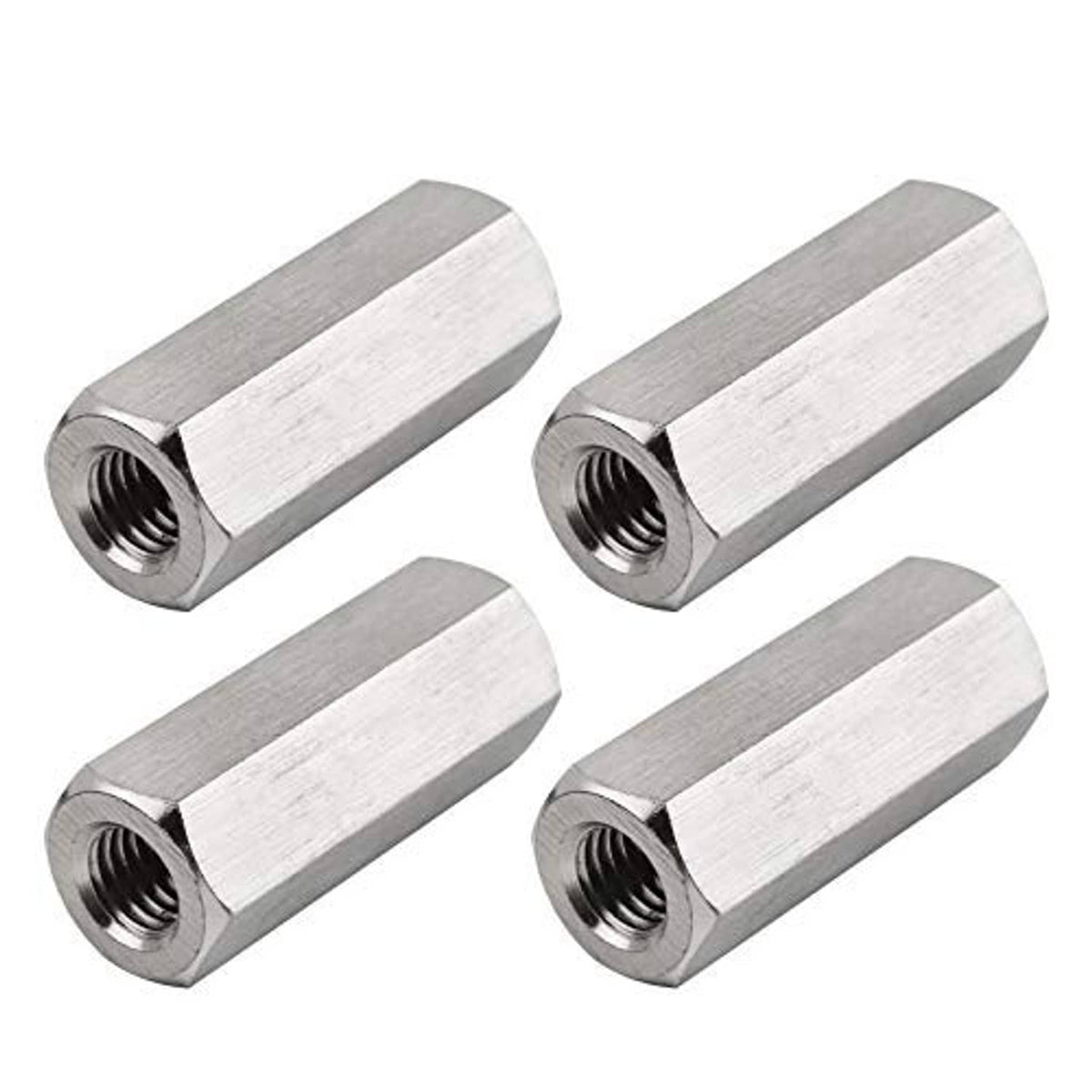 Four-pack M10 x 1.5 threaded hex coupling nut sleeves, silver metal, 30mm length, hex ends