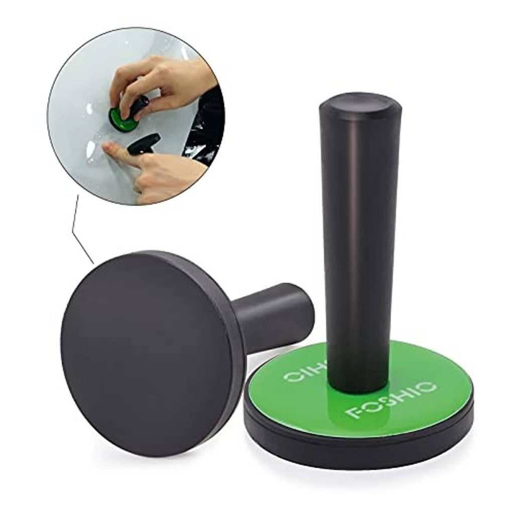 Round vinyl wrap applicator with green base and handheld squeegee tool
