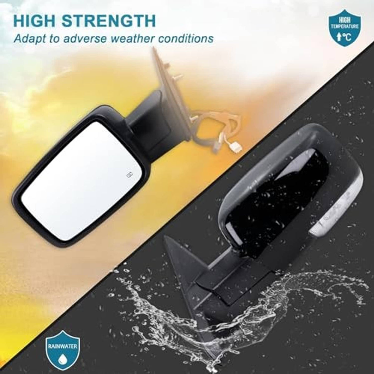 Black left driver-side power mirror with clear glass, ready for installation