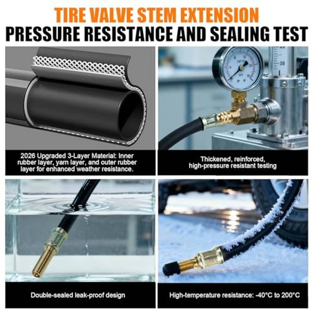 Reinforced black rubber tire valve stem extension with brass connector end