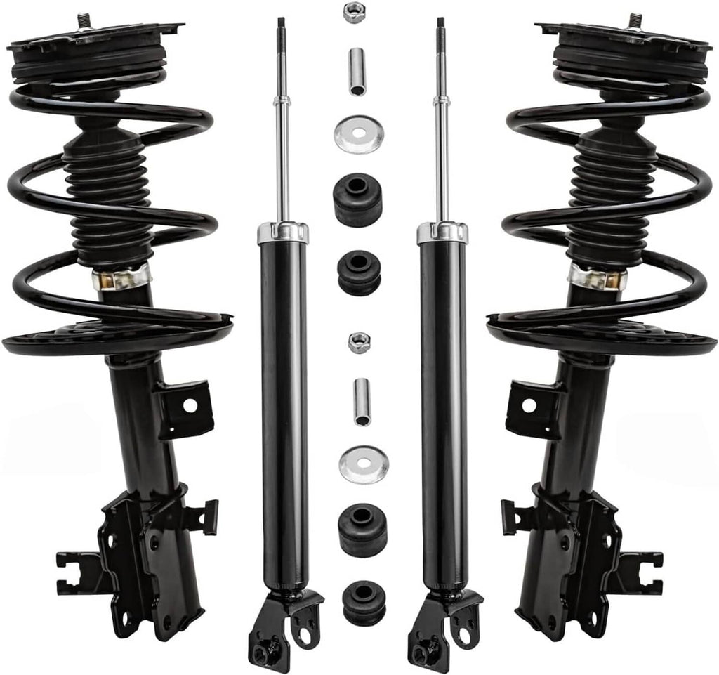 Black coil-spring strut shock absorber with mounting brackets and hardware kit components
