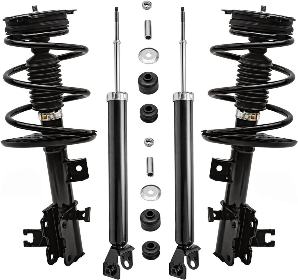 Black coil-spring strut shock absorber with mounting brackets and hardware kit components