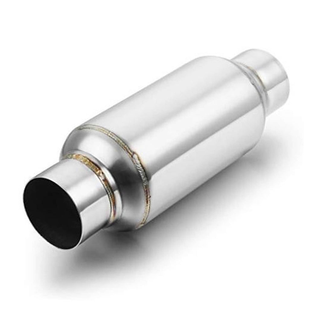 Polished stainless exhaust resonator muffler with 2.5-inch inlet/outlet ends, single canister.