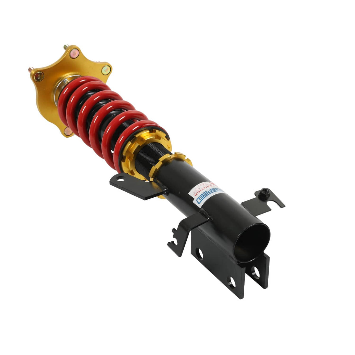 Coilover suspension shock absorber with red spring, black body, and gold adjustment collar