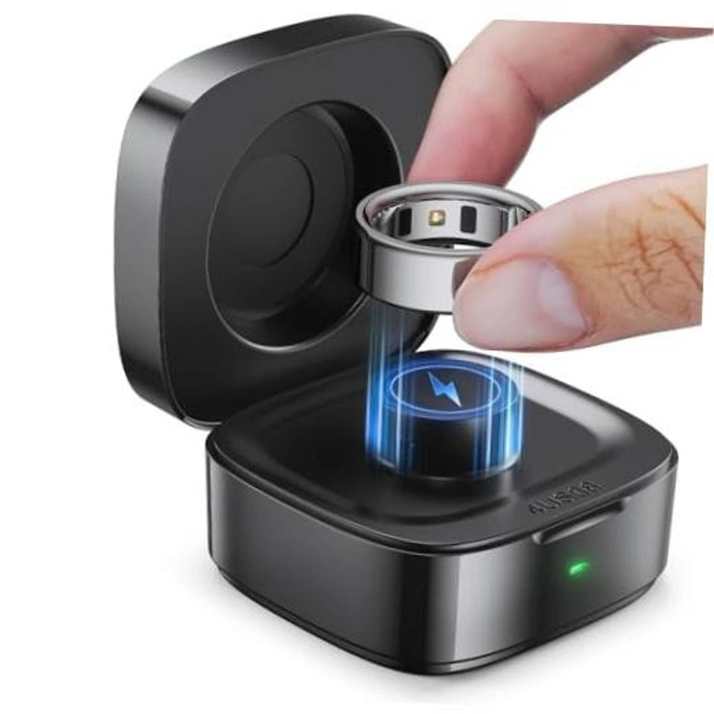 Black wireless charging case with open top slot for smart ring