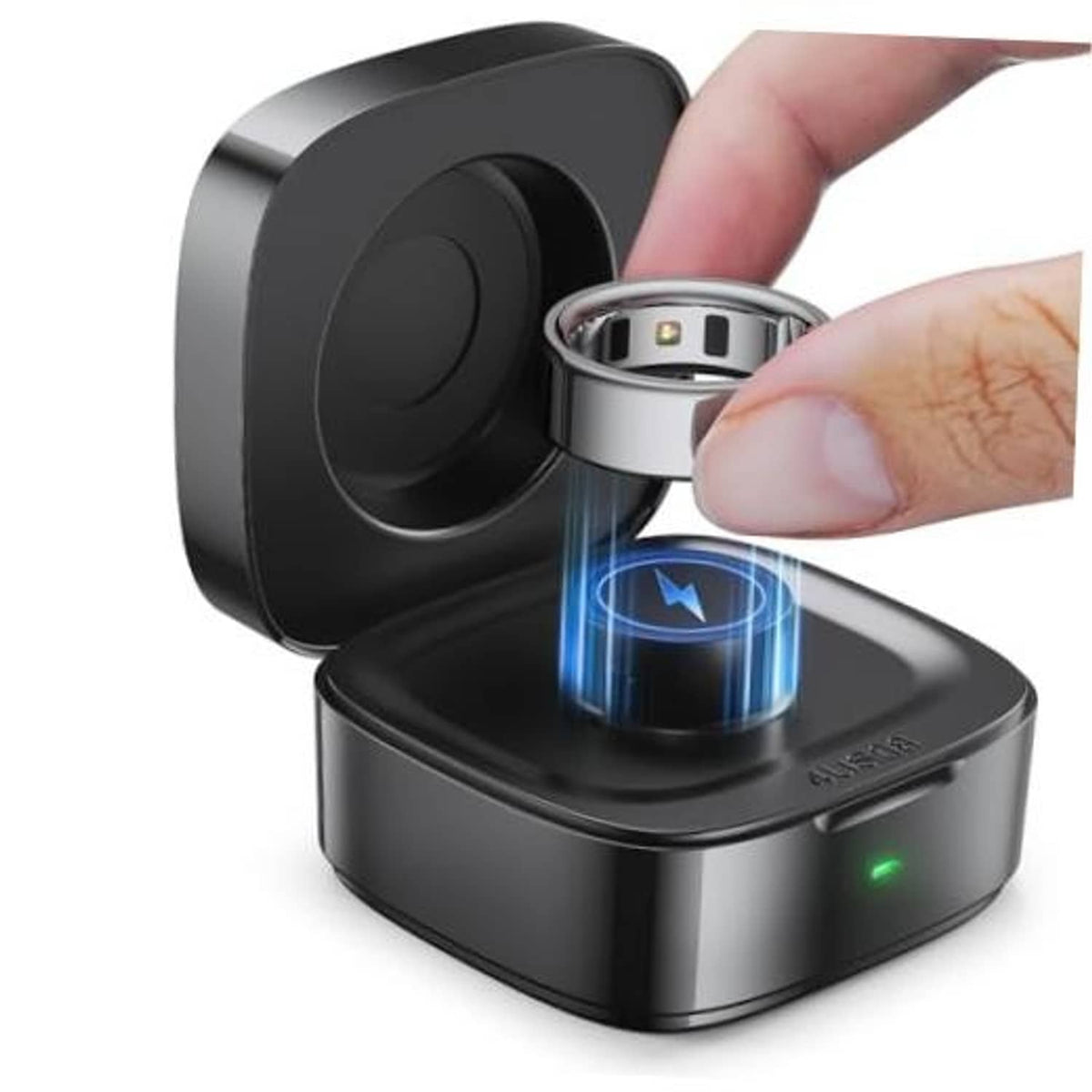 Black wireless charging case with open top slot for smart ring
