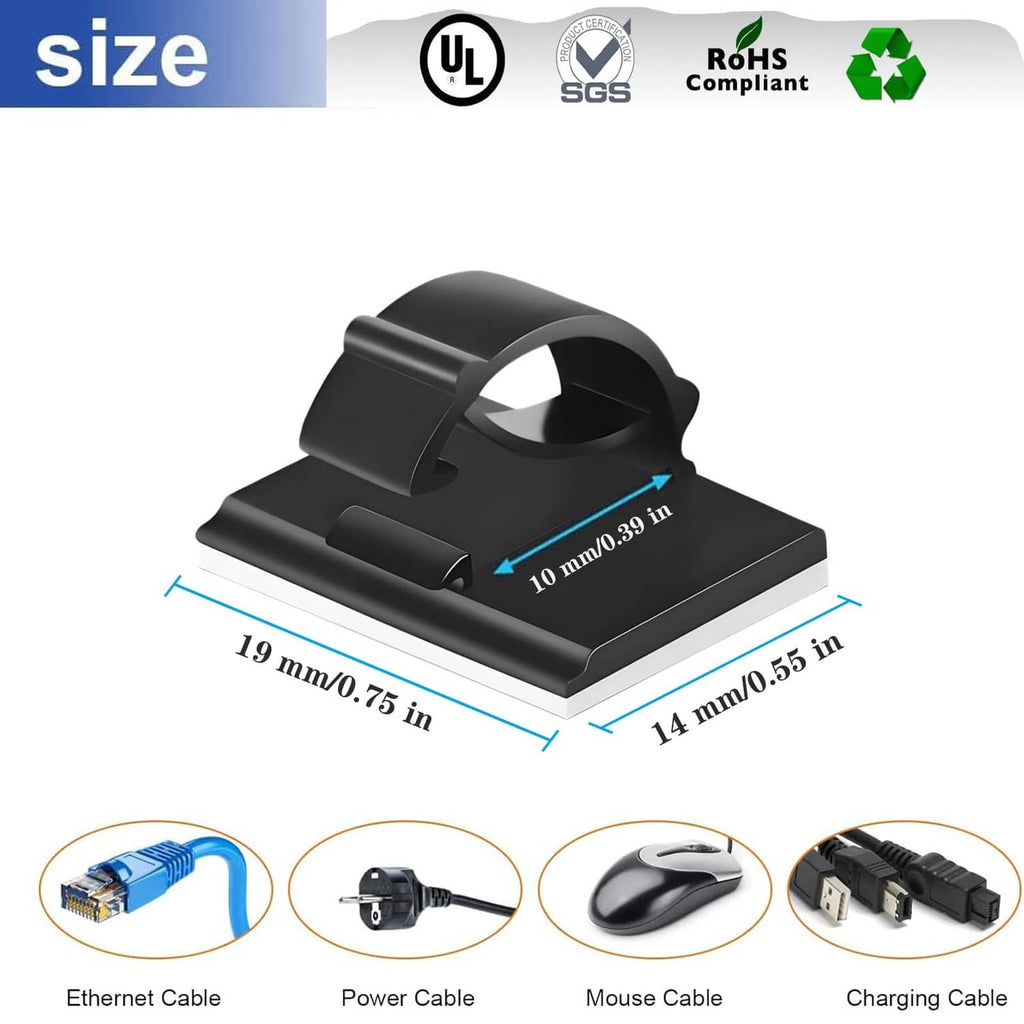 Black adhesive cable clips with measured base for tidy wire routing