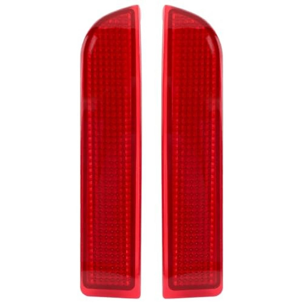 Two red rear bumper reflector lenses, close-up left and right