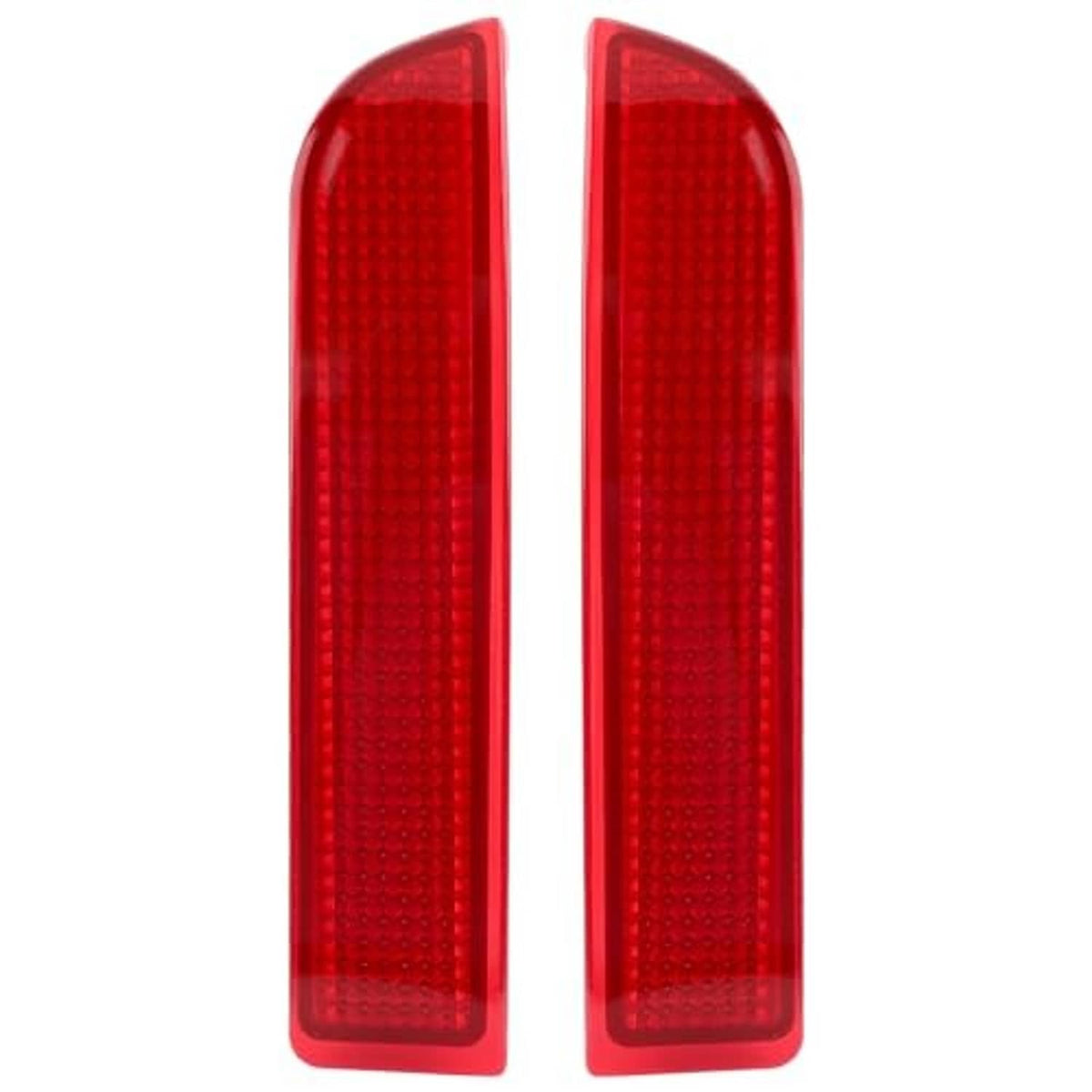 Two red rear bumper reflector lenses, close-up left and right