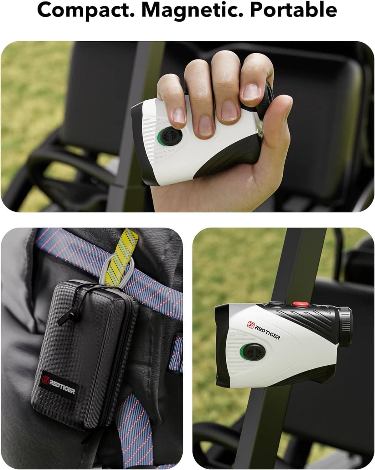 Compact handheld golf rangefinder held in hand with button and lens details