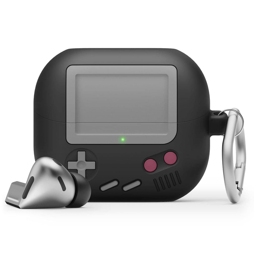 elago black silicone earbud case with front display and pink button accents