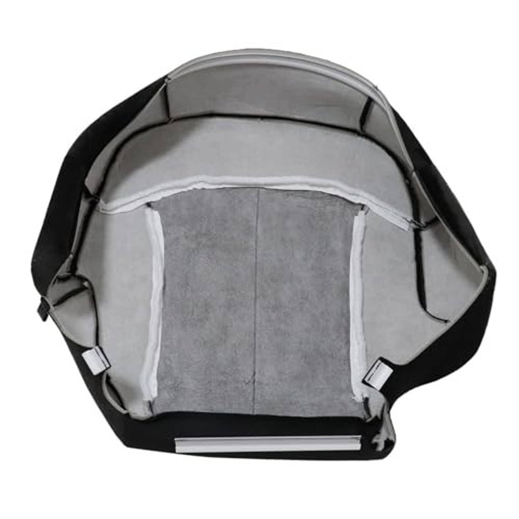 Dark gray cloth seat cover underside with light gray lining and mounting straps