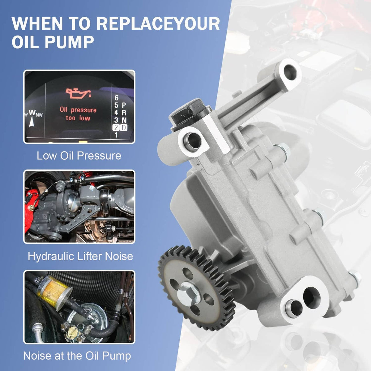 Engine oil pump with gray housing, inlet screen, and spur gear on front